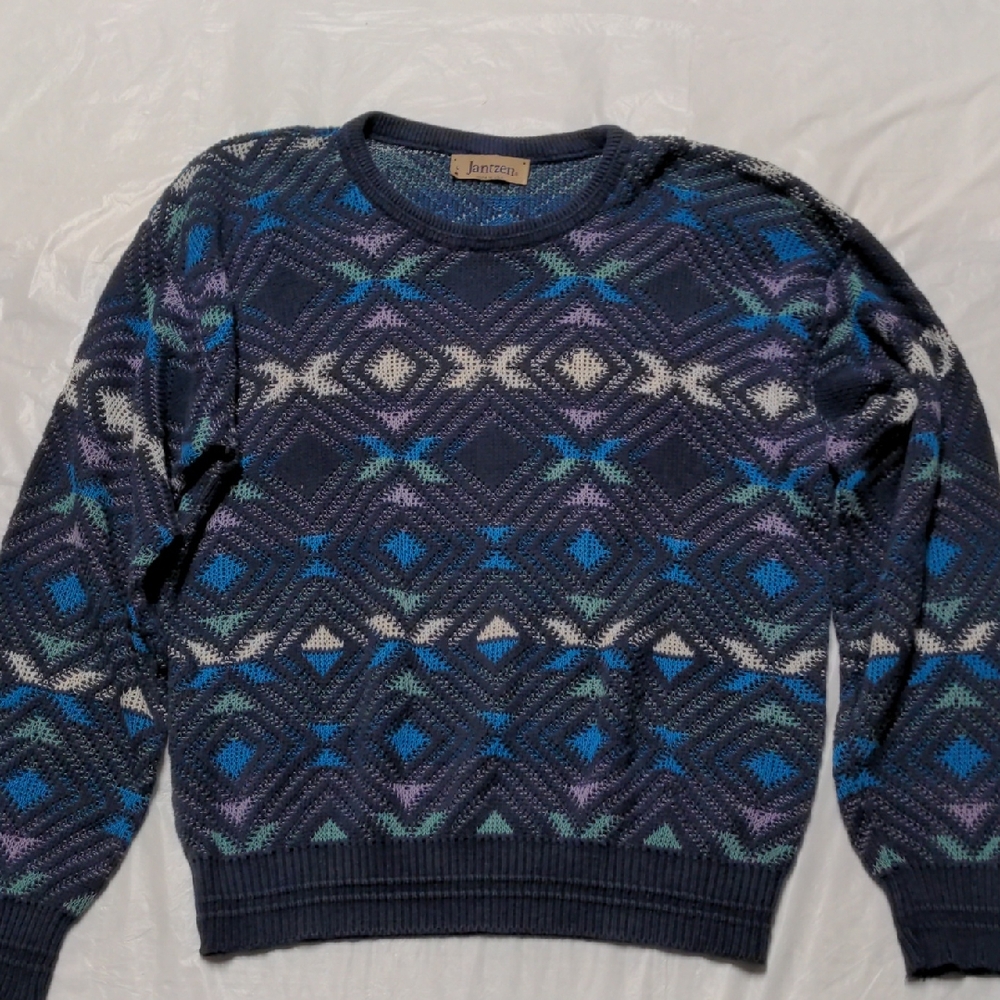 Jantzen Vintage Made In USA Blue Purple Geometric Print Crewneck Grandpa Sweater